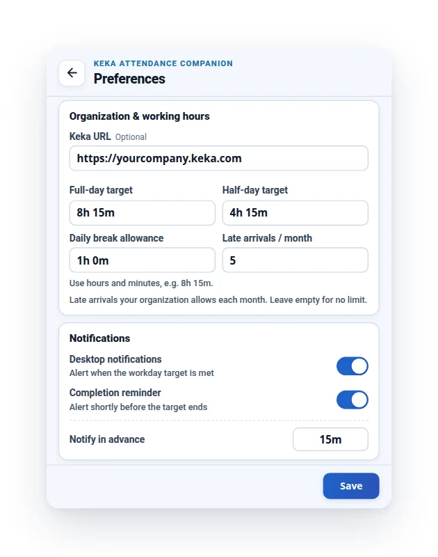 Extension preferences panel with Keka URL, targets, break allowance and notifications